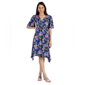 Rhysley Blue Purple Floral Midi Dress Asymmetrical Hem Short Sleeve L NWOT